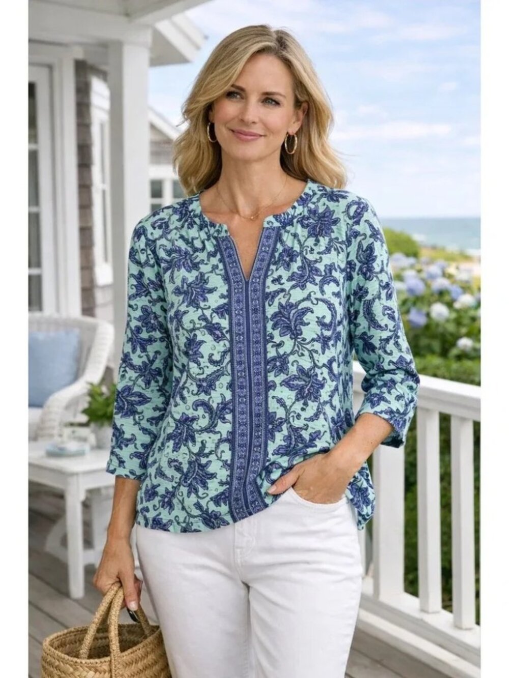 J. Jill Floral Paisley Peasant Cottagecore Whimsical Top Green/Aqua/Purple 2X